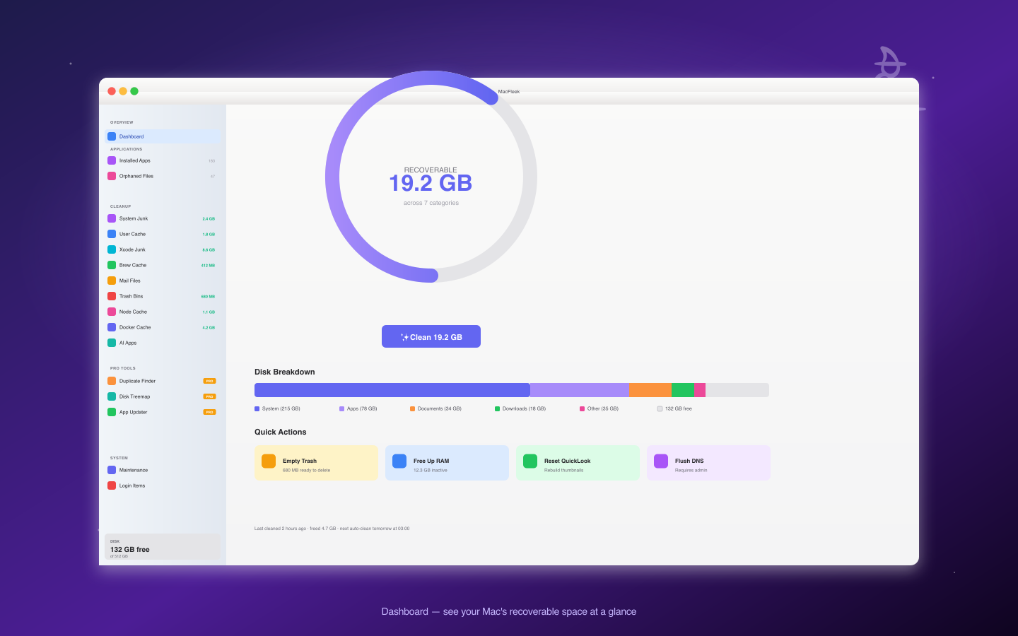 MacFleek Dashboard — recoverable space, disk breakdown, quick actions